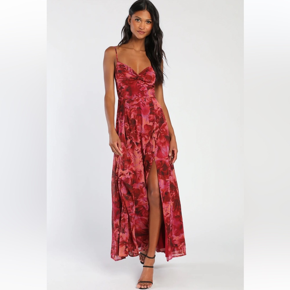 Lulus Burgundy Floral Print Twist-Front Maxi Dress